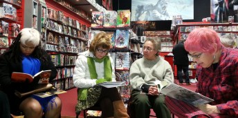 Some OutLOUD friends reading together at Comic Book Jones Comic Book Jones